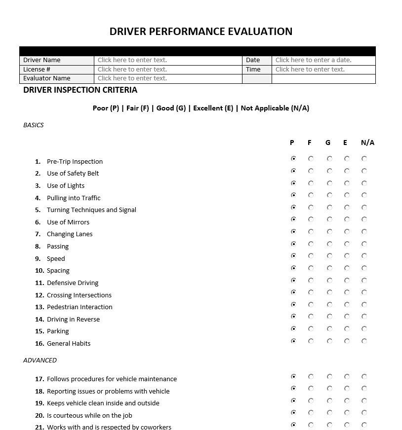 Driver Performance Evaluation Form Evaluation Forms