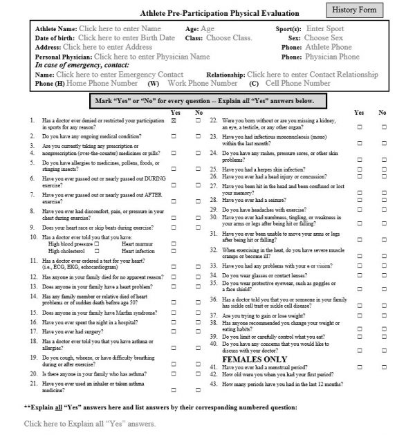 Athlete Pre-Participation Evaluation | Athletic Evaluation Forms